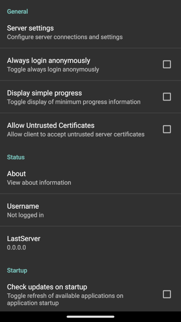 Picture showing Android Client Settings screen.