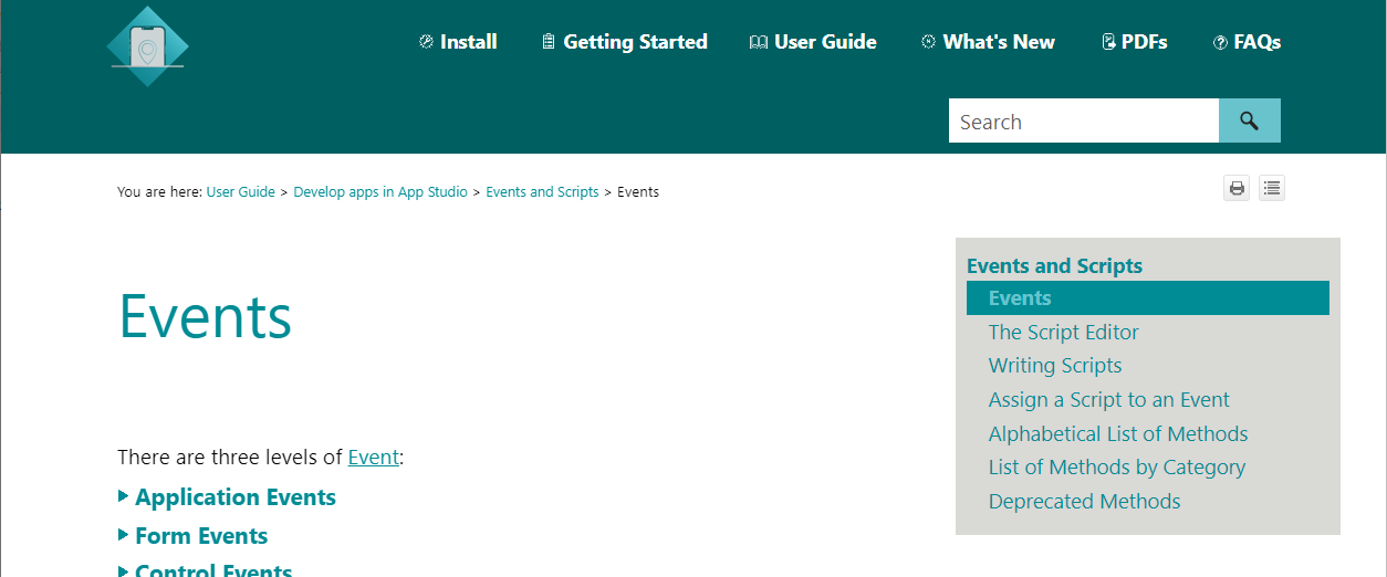 Picture showing menus and breadcrumbs available in the online help.