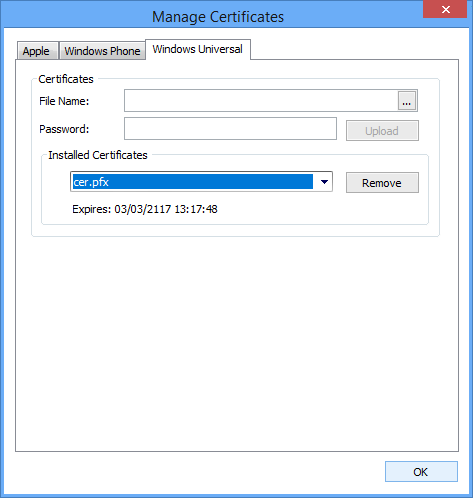 Picture showing the Manage Certificates dialog box with the Windows Universal tab selected.