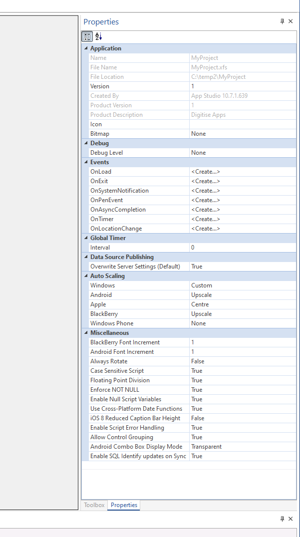 Picture showing the Project Properties displayed in the App Studio Properties Pane.