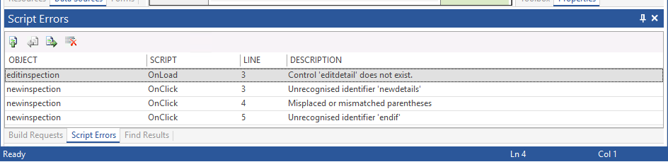 Image showing the App Studio Script Errors Pane displaying syntax errors.