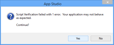 Image showing message displayed if syntax checker discovers errors in a Script when publishing a Digitise app.