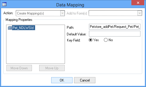 Picture showing Data Mapping dialog box mapping a column in a Web API Data Source.