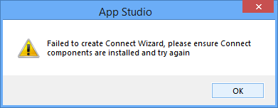 Picture showing error message displayed if you attempt to create a new Web API Data Source without the Connect Wizard Extenion software installed.