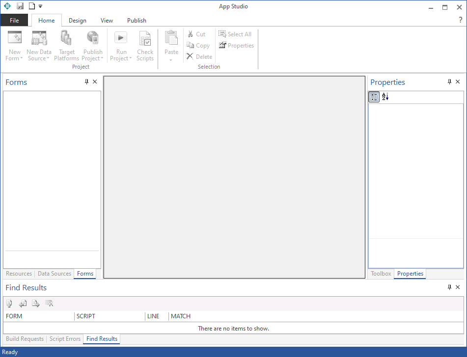 Picture showing the App Studio main window - click on areas of the picture for more information about that area.