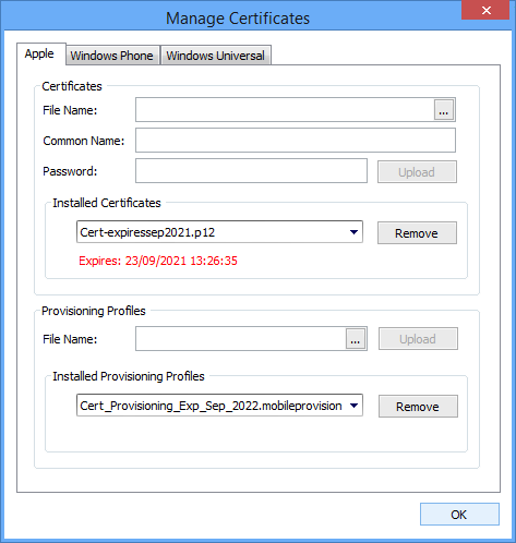 Picture showing the Manage Certificates dialog box.