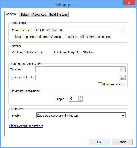 Picture showing the App Studio Settings dialog box.