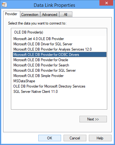 Picture showing the Data Link Properties Dialog Box. 