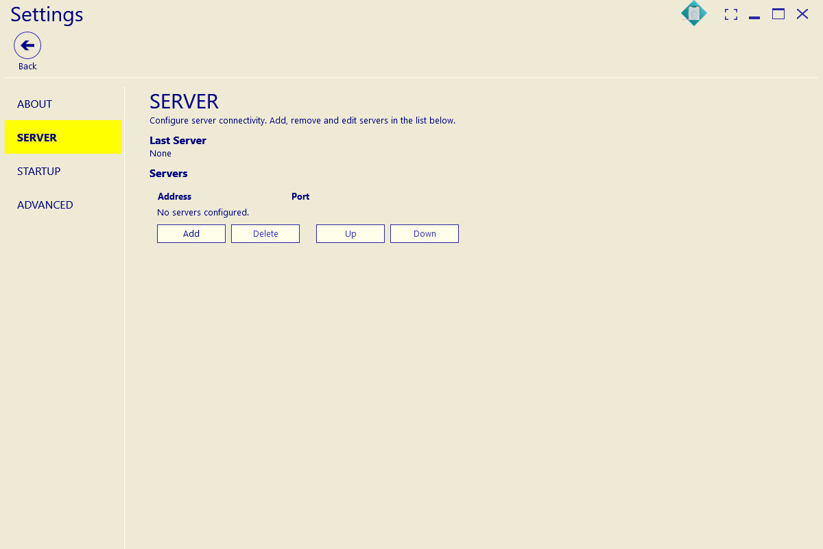 Picture showing Server settings in Windows Desktop Standalone App.