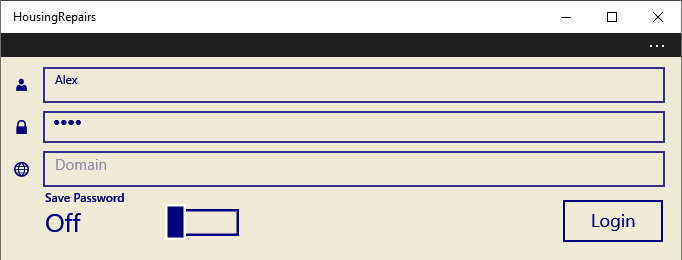 Picture showing login fields in Universal Windows Standalone App.