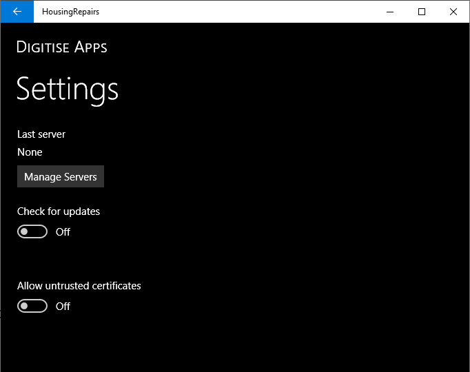 Settings page within a Windows Universal Standalone App.