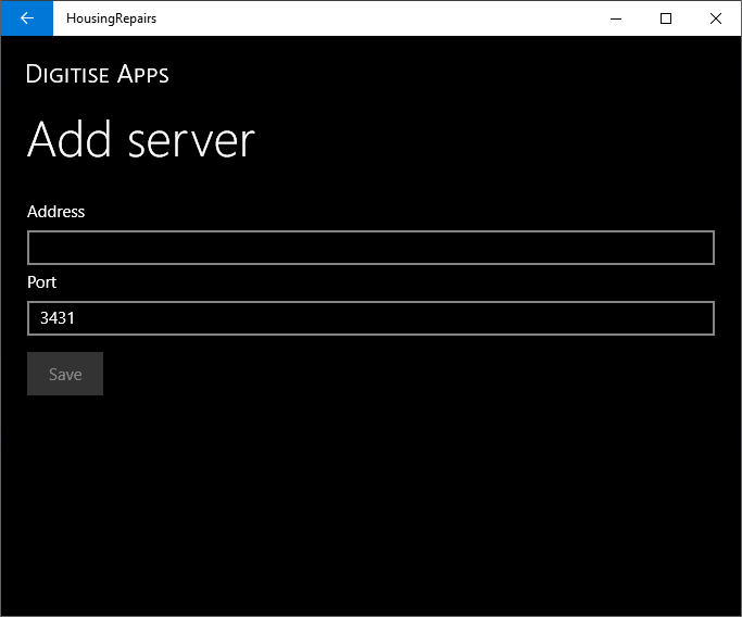 Picture showing Add server screen in Windows Universal Standalone App.