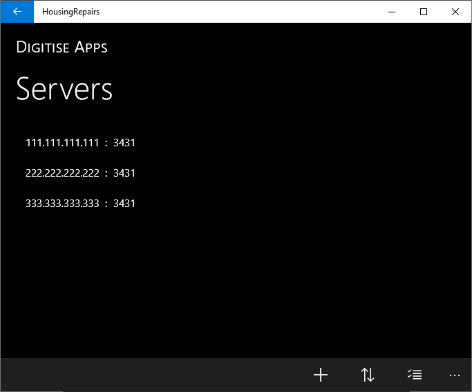 Picture showing Servers screen with multiple servers listed - Windows Universal Standalone App.