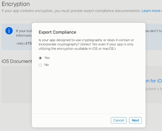 Picture showing the first Export Compliance question when uploading a Digitise app to the Apple App Store.