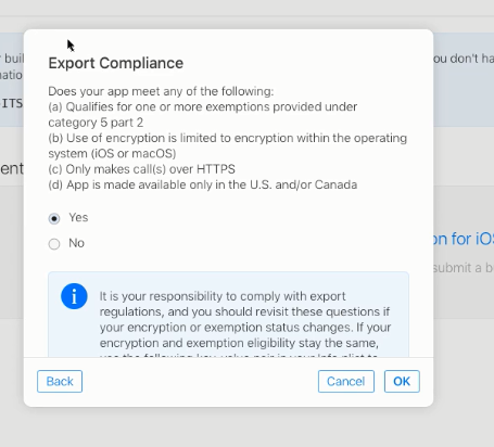 Picture showing the second Export Compliance question when uploading a Digitise app to the Apple App Store.