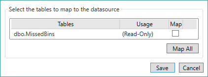 Select tables to map to datasource dialog box showing read-only table.