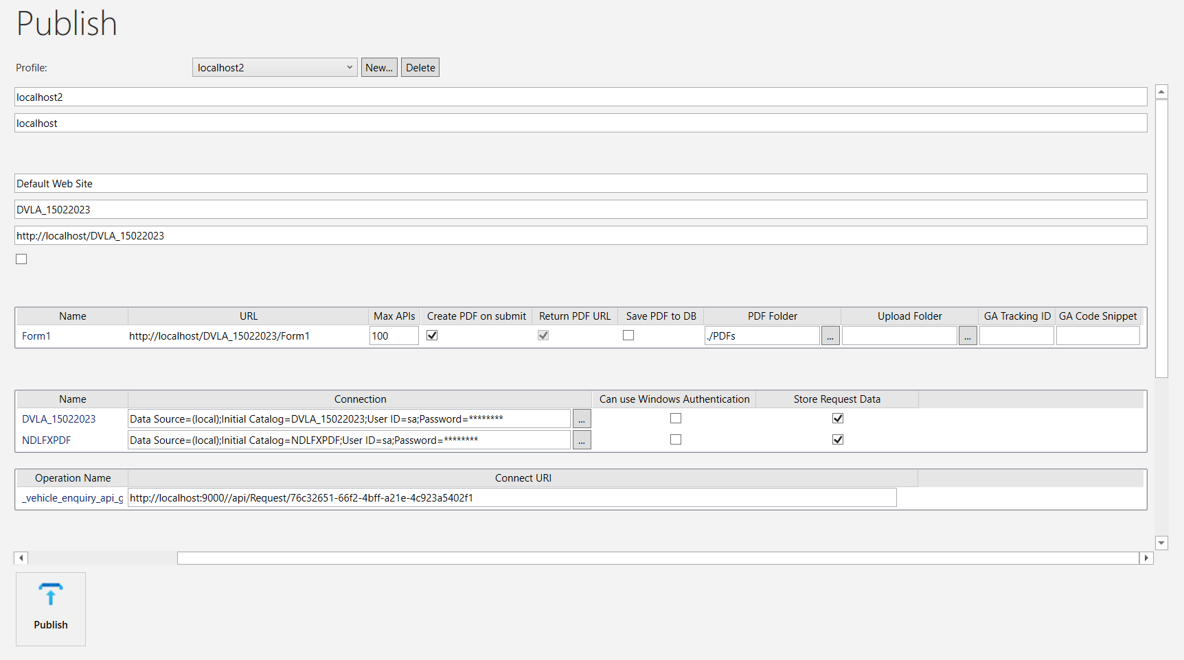 Picture showing initial empty Publish profile settings in Form Studio.