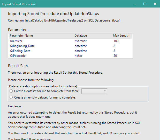 Picture showing the top half of the Import Stored Procedure dialog where no result sets have been identified, although there may be one, but there are parameters required.