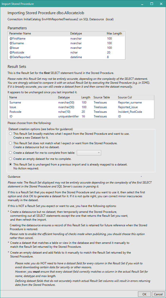 Picture showing the Import Stored Procedure dialog box when there are no changes to the Stored Procedure.