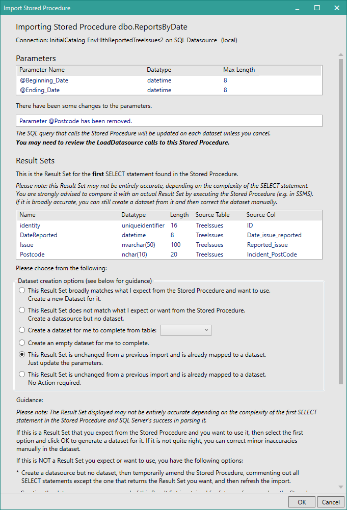 Picture showing the Import Stored Procedure dialog box refreshing an Imported Stored Procedure where only the parameters have changed.