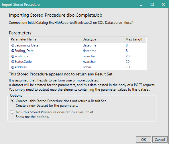 Picture showing Import Stored Procedure dialog box for an Insert/Update Stored Procedure when the required parameters have changed.