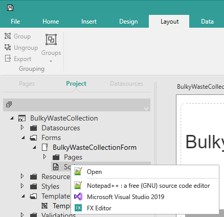 Picture showing context menu with external editor options in Form Studio.