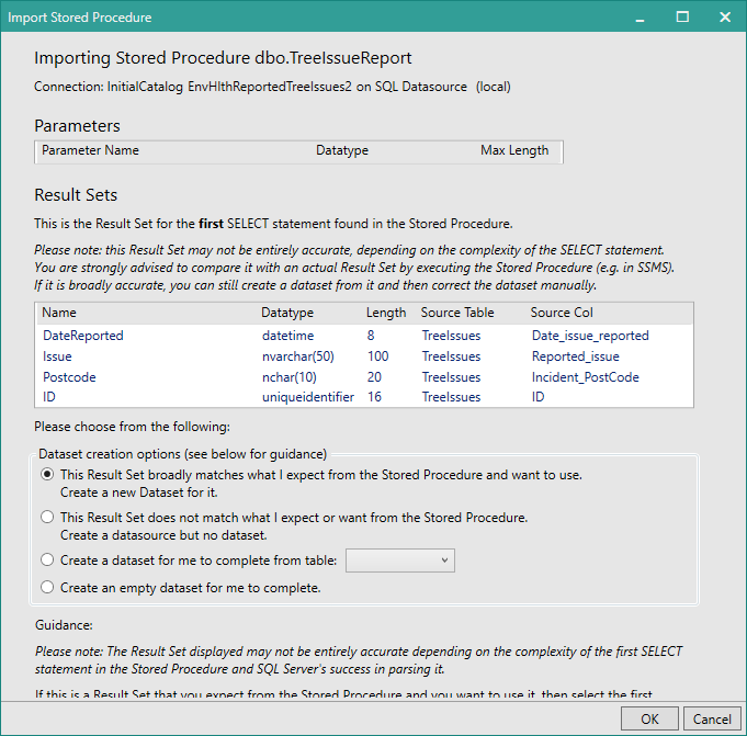 Picture showing the top half of the Import Stored Procedure dialog where the Stored Procedure returns at least one resultset but has no insert/update statements.