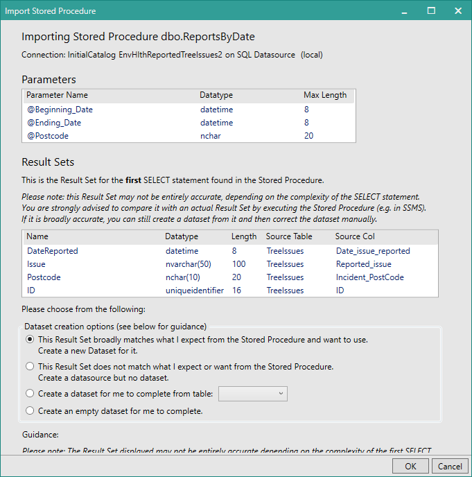 Picture showing the top half of the Import Stored Procedure dialog where the Stored Procedure returns at least one resultset and contains insert/update statements.