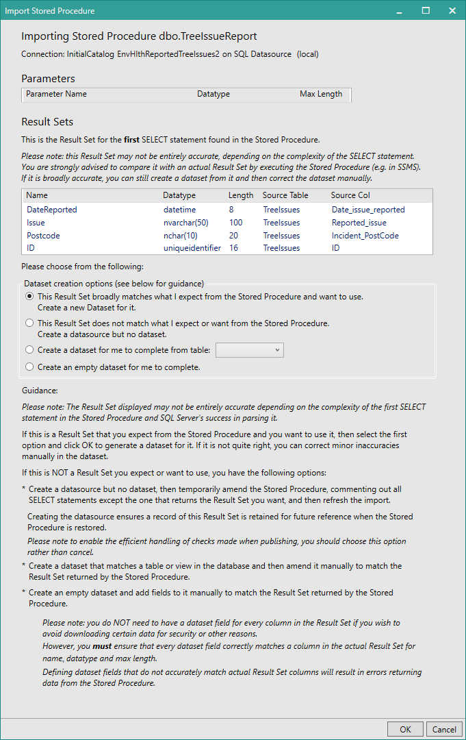 Picture showing Import Stored Procedure dialog box where Form Studio has found insert/update statements but no resultset.