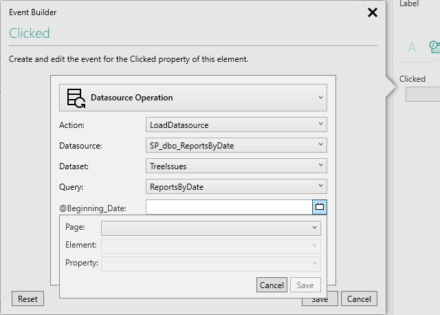Picture showing the extra fields displayed in the Event Builder pop-up to allow you to map an Element to a Stored Procedure parameter.