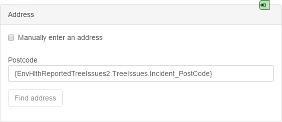 Picture showing the Address Finder with an input mapping for the postcode field.
