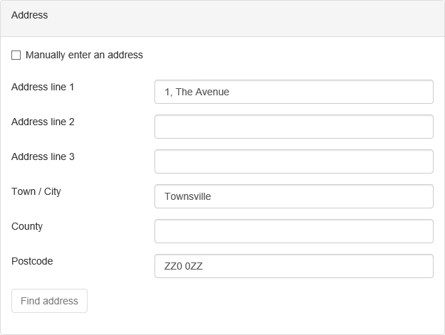 Picture showing the  Address Finder displaying all fields.