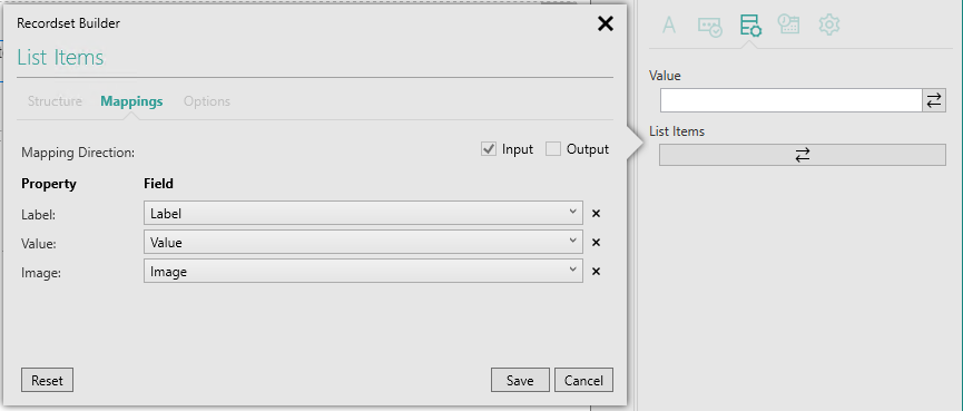Picture showing Recordset Builder popup with Mappings tab selected.