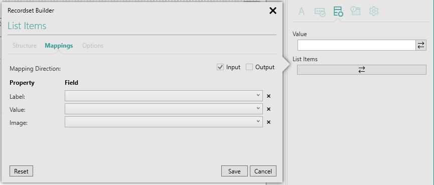 Picture showing the Recordset Builder Popup with Mappings tab selected.
