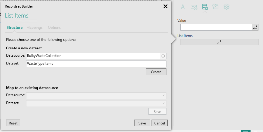 Picture showing Recordset Builder Popup with Structure tab selected.