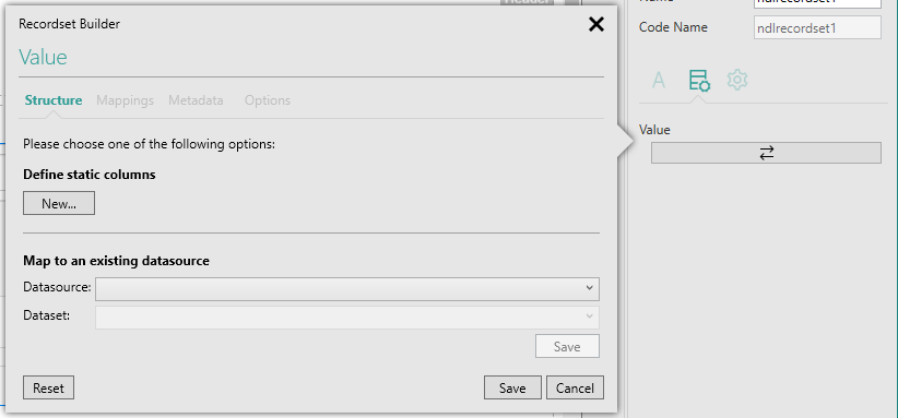 Picture showing Recordset Builder popup.