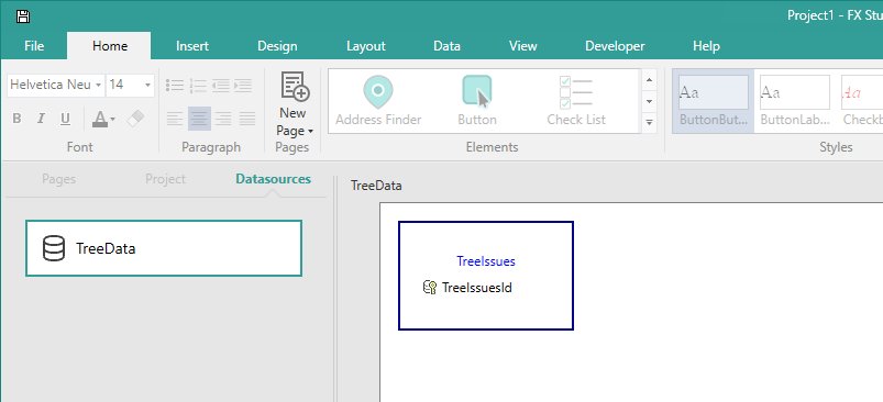 Picture showing Datasets displayed in the Form Design Workspace area.