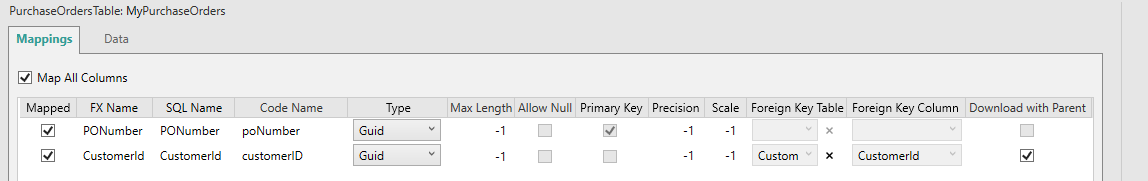 Picture showing Dataset mappings Tab with Download With Parent option selected