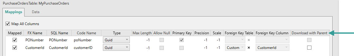 Displays the Dataset Mappings tab showing the Download With Parent options