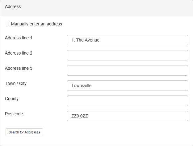 Picture showing the  Address Finder displaying all fields.