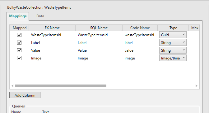 Picture showing list item values Dataset open in the Forms Design Workspace.