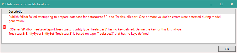 Picture showing 'No Key' error when publishing.