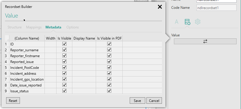 Picture showing Recordset Builder popup's Metadata tab for an existing database.