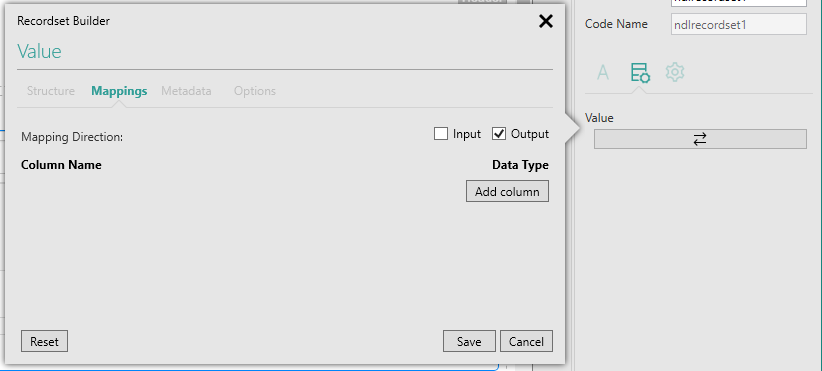 Picture showing Recordset Builder popup displaying Mappings tab.