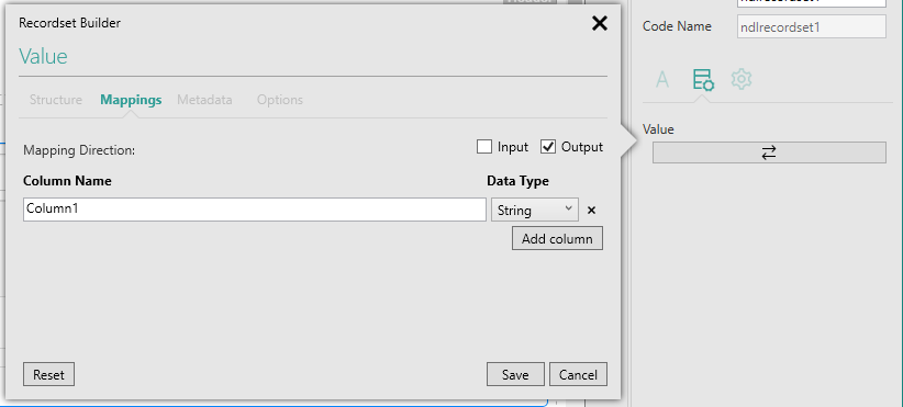 Picture showing adding a new column under the Recordset Builder popup's Mappings tab.
