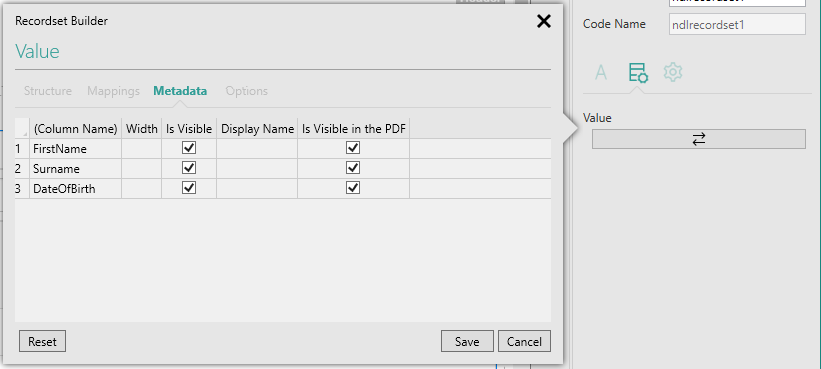 Picture showing Recordset Builder popup's Metadata tab.