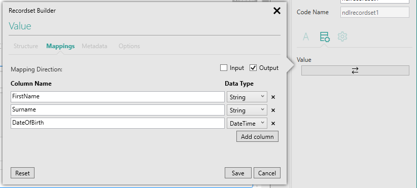 Picture showing Recordset Builder popups Mappings tab with changed Data Type for last column.