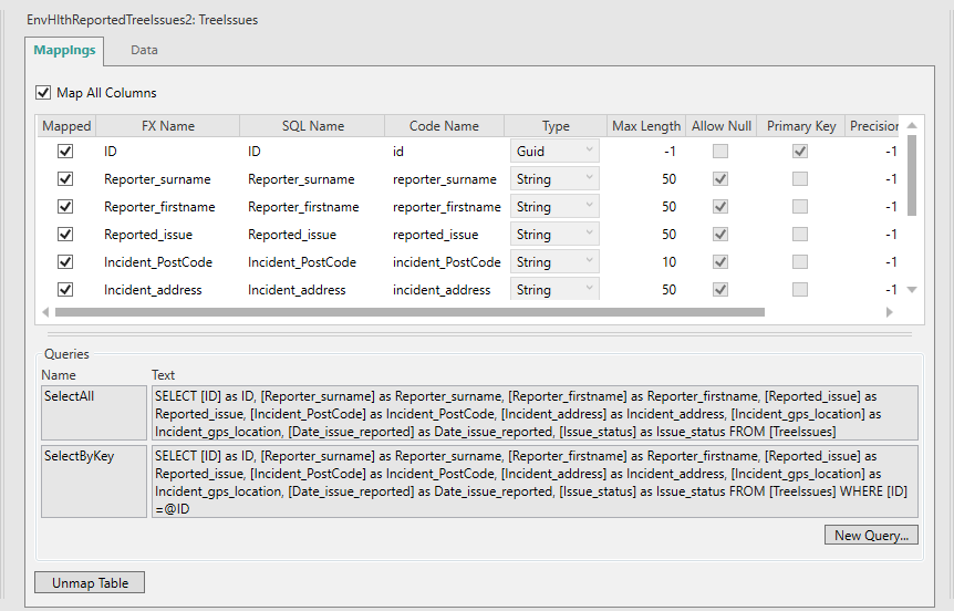 Picture showing Mappings tab for an open Imported Dataset.