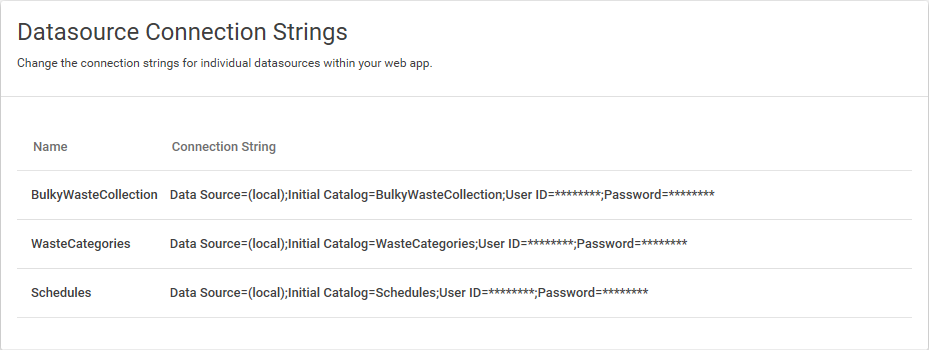 Picture showing the Datasource Connection Strings settings in Form Manager.