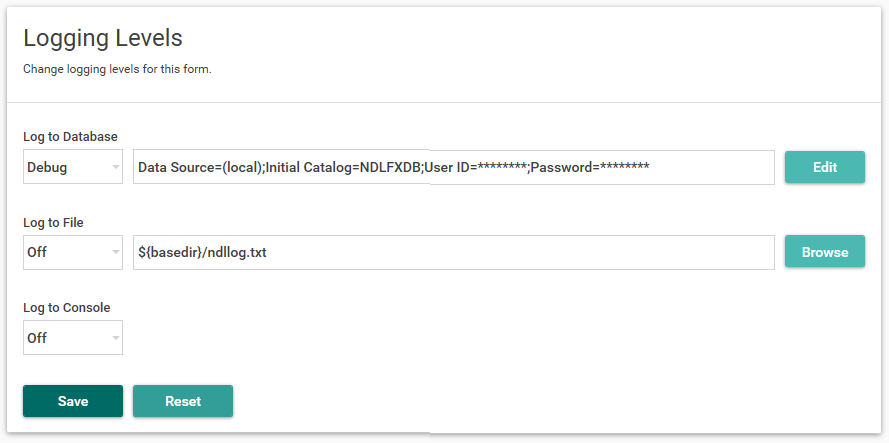 Picture showing Logging Levels section in Form Manager.